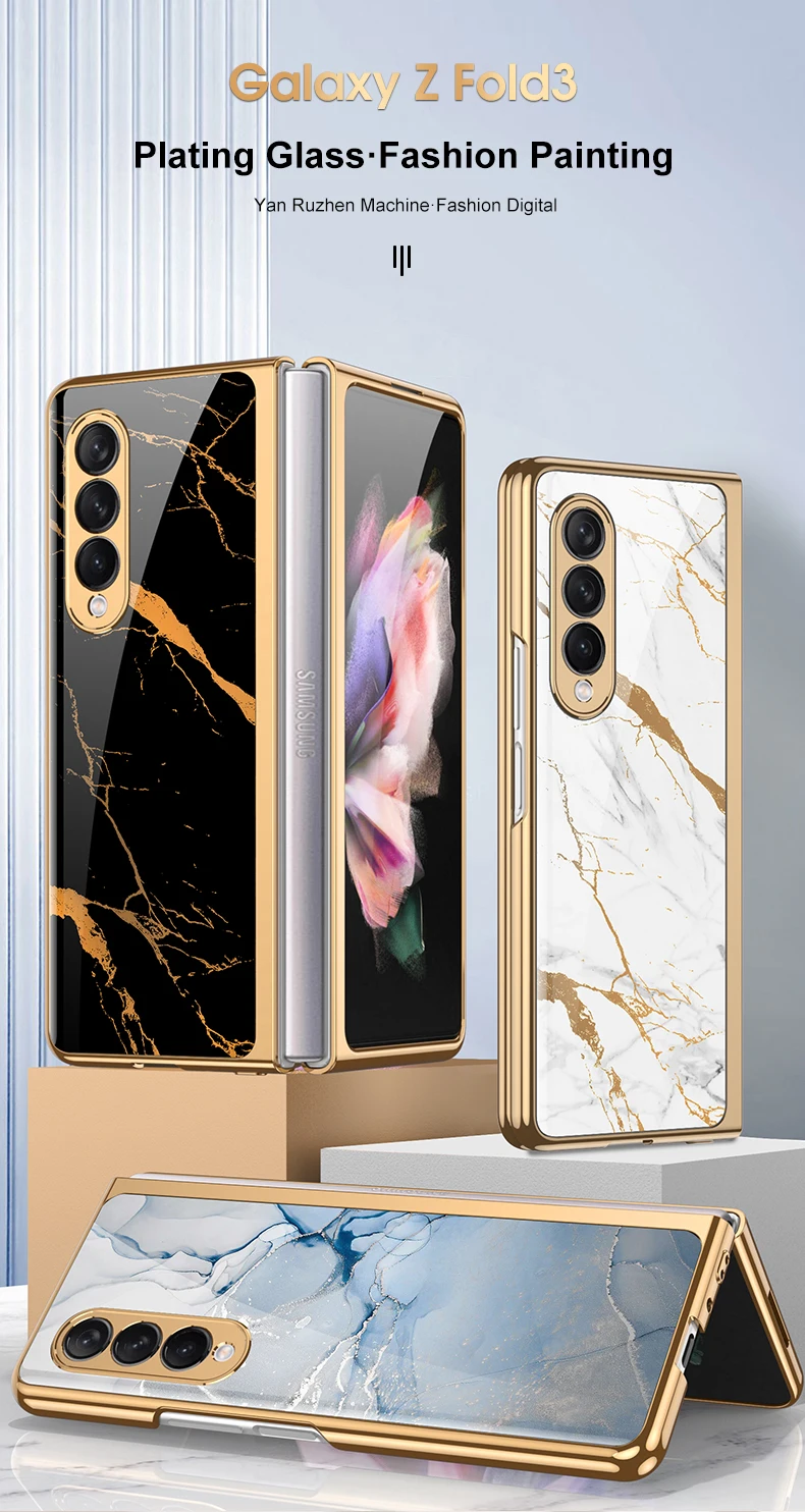 Luxury Plating Tempered Glass Case for Samsung Galaxy Z Fold 3 5G Marble Cases Plastic Frame Hard Glass Cover for Galaxy Z Fold3