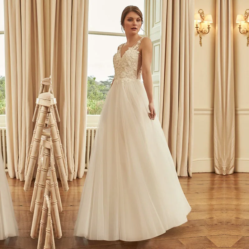 

Eightale Boho Wedding Dress V-Neck Appliques Tulle A-Line Wedding Gowns Custom Made 3D Flowers White Ivory Backless Bride Dress