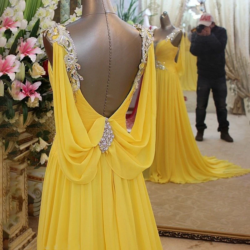 de fiesta largo de gasa amarillo con pedrería y en V, vestido noche con de barrido - AliExpress Bodas y eventos