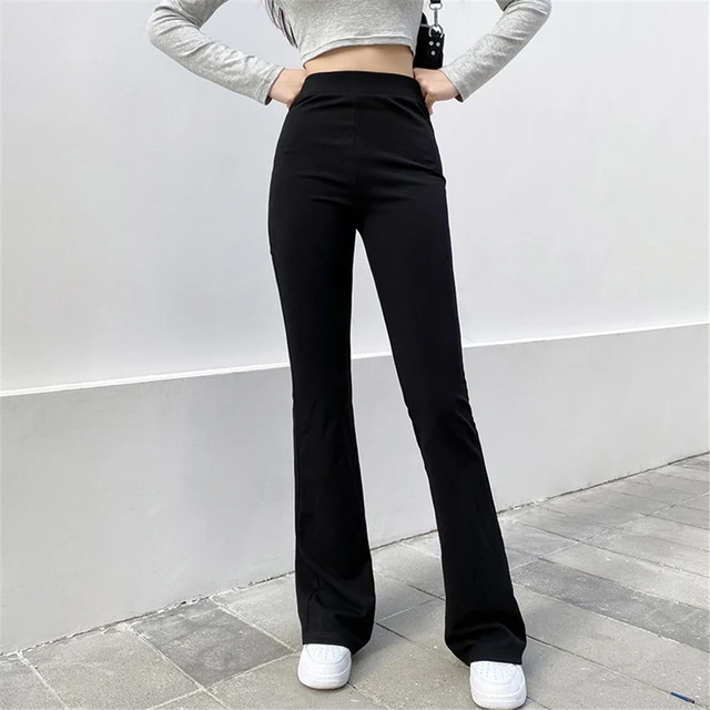 All-Match Women Fashion Elastic Waist Black Flared Pants Solid