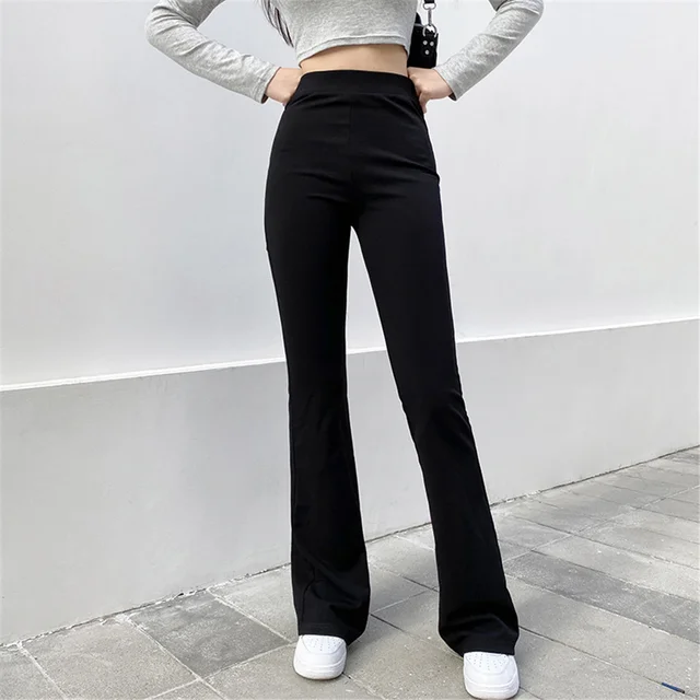 All-Match Women Fashion Elastic Waist Black Flared Pants Solid Color High Waist Wide Leg Trousers Casual Hipster Streetwear