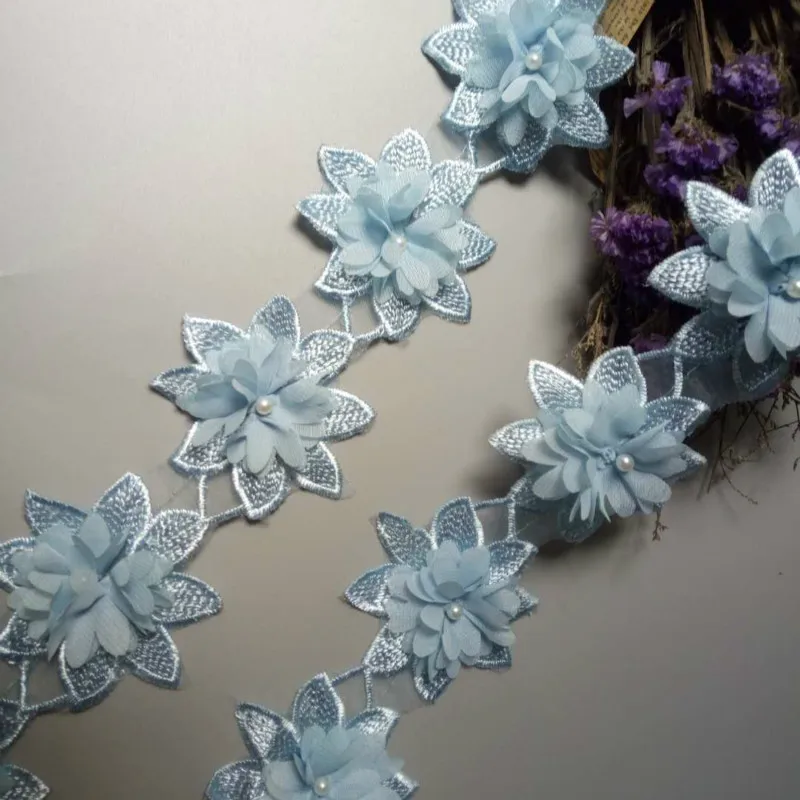 10X Небесно-Голубой растворимый с цветами роз и жемчугом шифон вышитая кружевная отделка Лента из ткани шитье ремесло лоскутное украшение ручной работы