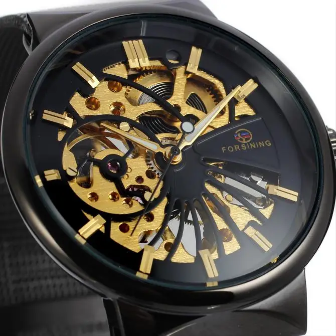 black Reloj Hombre Forsining Лидирующий бренд роскошные серебряные часы для мужчин сетчатый ремешок 3D логотип дизайн Скелет циферблат ультра тонкие механические часы - Цвет: black