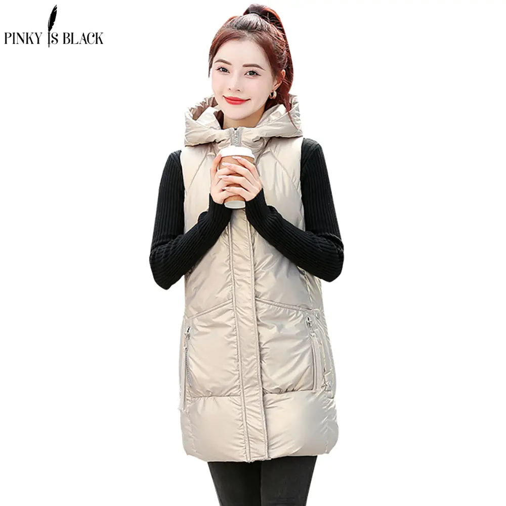 

PinkyIsBlack New Shinny Winter Puffer Vest Women Solid Pockets Ladies Hooded Sleeveless Vest Jacket Long Female Winter Waistcoat