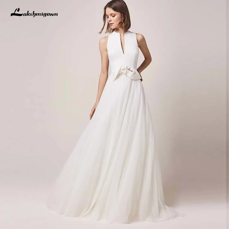 Lakshmigown Топ атласные свадебные платья A Line Глубокий v-образный вырез белый слоновая кость Тюль Свадебные платья, платья невесты Vestido De Noiva
