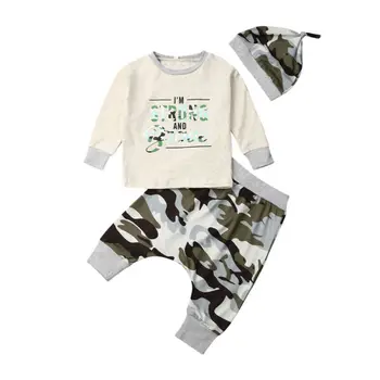 

Casual Infant Baby Boy Clothes Sets Autumn 3Pieces Letter Long Sleeve Tops+Camo Harem Pants+Hat Baby Boy Cotton Outfits 0-24M