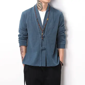 

EWQ / men's wear spring 2020 Long Sleeve Open Stitch Cotton linen V-neck Buckle Loose Coat Man's Chinese Style thin Jacket FS954