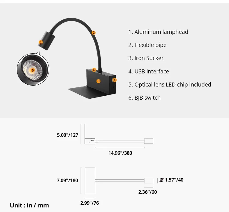 Lâmpada de Leitura Parede com Braço Parede do Quarto do Hotel Luz de Spot Alumínio Flexível Luz Usb Led 4w 4 Luminárias de parede