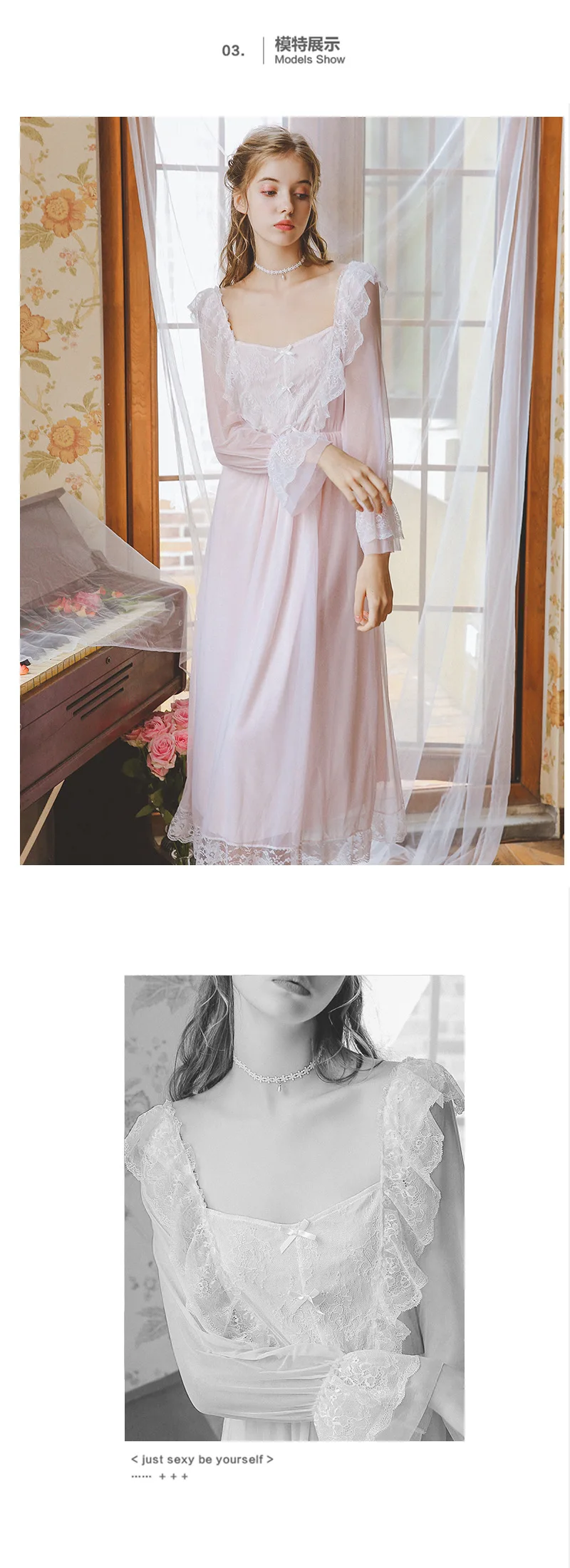 Элегантная розовая ночная рубашка, осенняя Пижама, рукав-фонарик, v-образный вырез, галстук-бабочка, длинная ночная рубашка, Хлопковая пижама, пеньюар