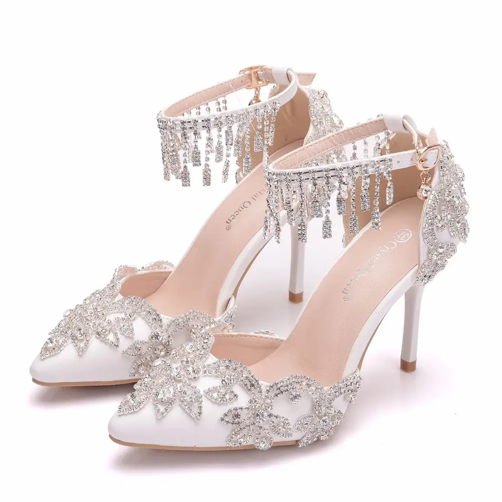 Женские белые туфли с кристаллами; браслет с кисточкой; свадебные туфли; обувь для невесты; босоножки на высоком каблуке; женские модельные туфли-лодочки