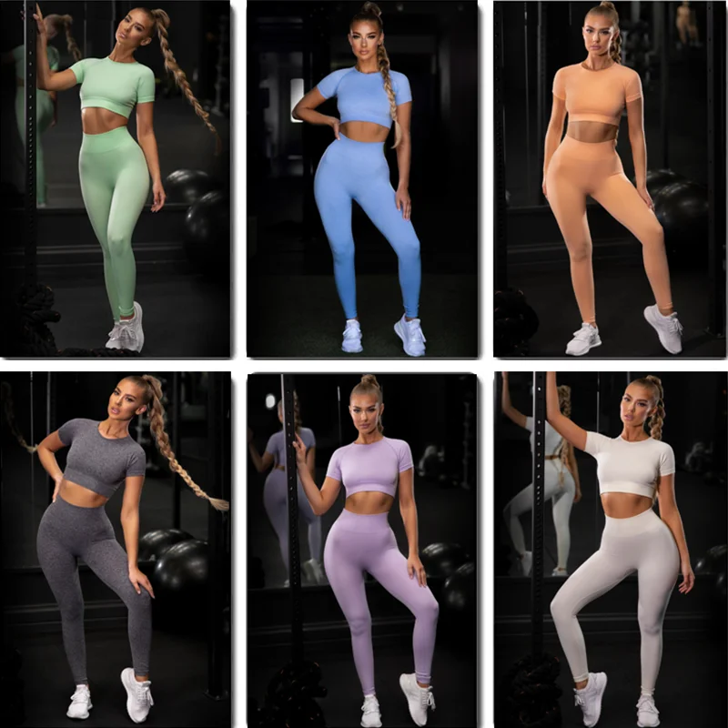 

Seamles Sport Set Gym Work Out Exercise Clothing Women Crop Shirt High Waist Leggings Suits Outfit Fitness Yoga Sets Sportswear