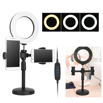 

6in LED Ring Light Live Broadcast Video Light 3200-5500K Dimmable Adjustable Height with Double End Mobile Phone Bracket
