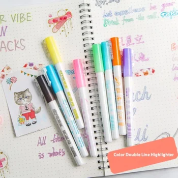 

2019 New Cute Stationery Color Double Line Pen Creative Silver Light Shine Handbook Fluorescent Marker Kawaii School Supplies