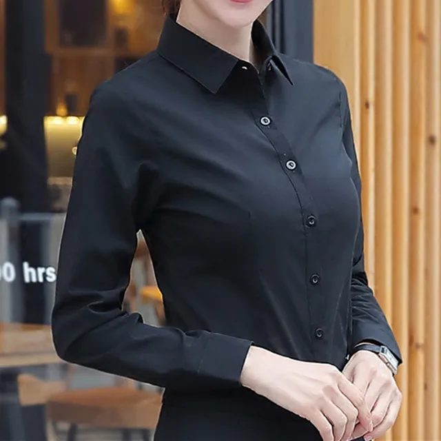 Fashion Cotton Shirts White Shirt Women Long Sleeve Shirts Tops Office Lady Basic Shirt Blouses Button Solid  Woman Blouse 5XL Black