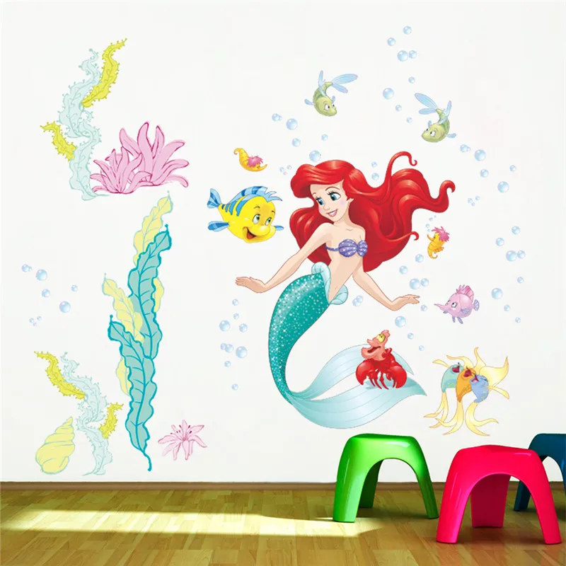 Мультяшная Принцесса Русалочка Ариэль принцесса рыба пузырьки настенные наклейки для детской комнаты украшение дома Diy Фреска Искусство Девушки Наклейки на стены - Цвет: Бургундия