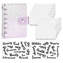 

15 Pieces A7 Soft PVC 6-Ring Binder Cover 12 Mini Binder Zipper Pockets and 2 Sheets Cash Envelope Sticker for Budget Planner
