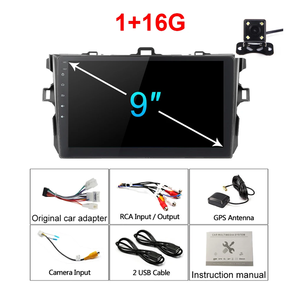 Android 9,1 автомобильный без DVD видео плеер радио gps навигация для Toyota corolla 2007 2008 2009 2010 2011 2012 автомобильный мультимедийный плеер - Цвет: 1 16G cam