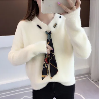 

Solid Bow Long Sleeve Autumn Winter Woman Sweater Knit Pullover Outwear Korean Woman Sweater