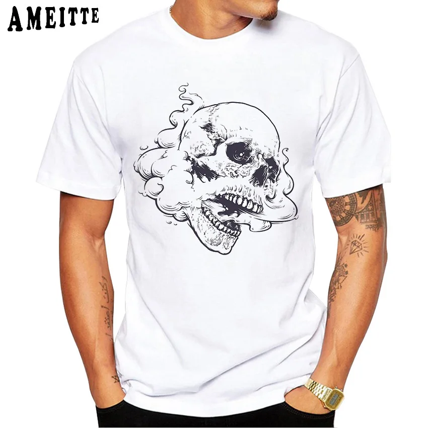 Retro Hip Hop Smoking Skull Tattoo Rock T-Shirt Vintage Fashion Men Short Sleeve Boy Casual Tops Hipster Man White Tee shirt | Мужская