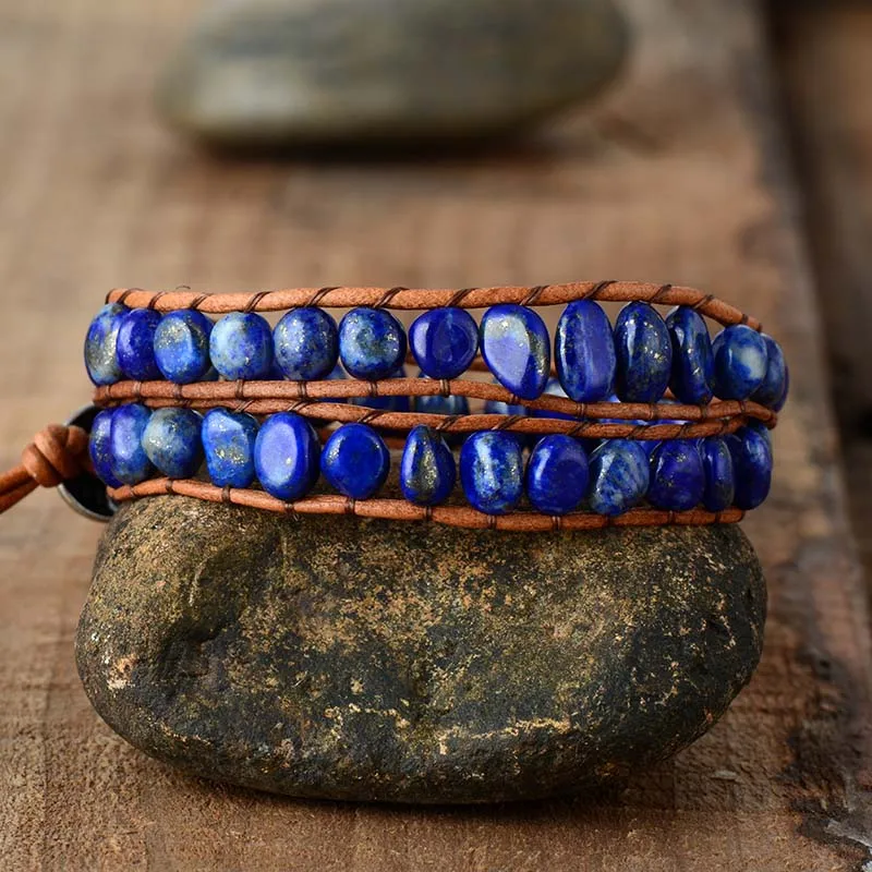 Stone Beads Men Women Leather Wrap Bracelets W/ Lapis Lazuli Beaded 2X Wristband Bracelet Couples Jewelry Wholesale Dropship