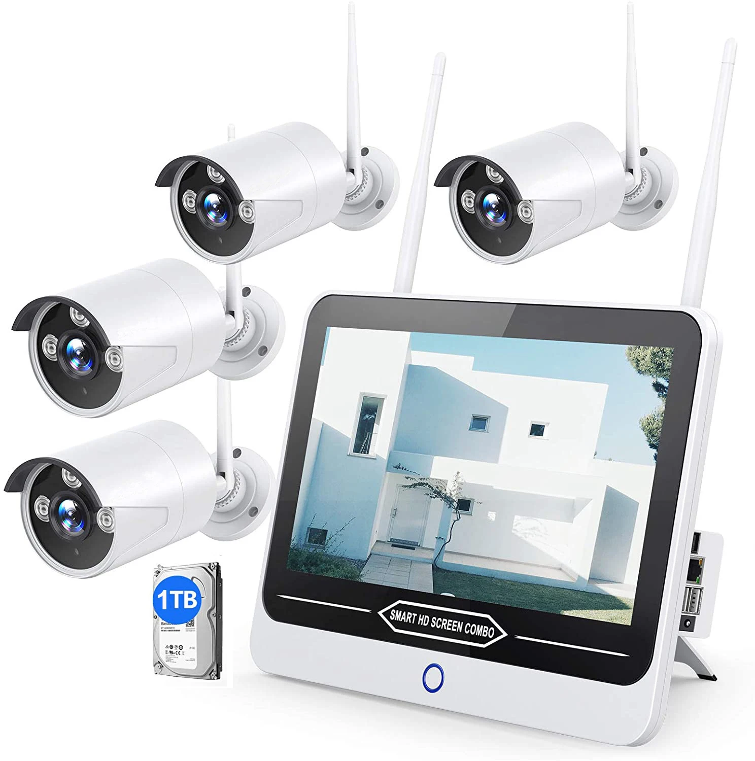 

New Arrival Home Security Wireless Monitor Kits 12.5 Inch Display Screen+4 Cameras+ 1TB Hard Drive Auto Pair Ture Plug&Play