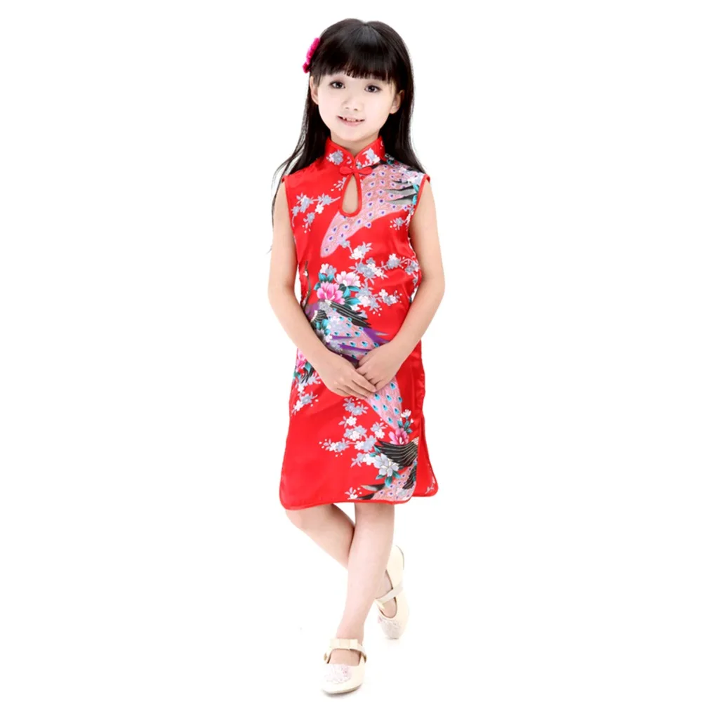 2Y-8Y Baby Girl Dress Peacock Sleeveless Slim Traditional Dress Cheongsam Girls Clothes Chinese Style Qipao baby chinese dress