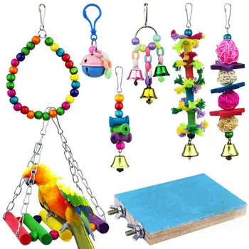 

8 Pack Colorful Swing Bird Parrot Toys Chewing Bite Frosted Stand Board Hanging Bell Cage Hammock Toy for Small Parakeet