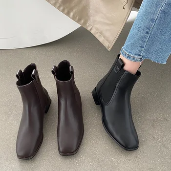 

Winter 2020 INS Fashion Women Low Heels Ankle Boots Vintage Lady Slip On Chelsea Boots Casual Square Toe Flat Boots Party Shoes