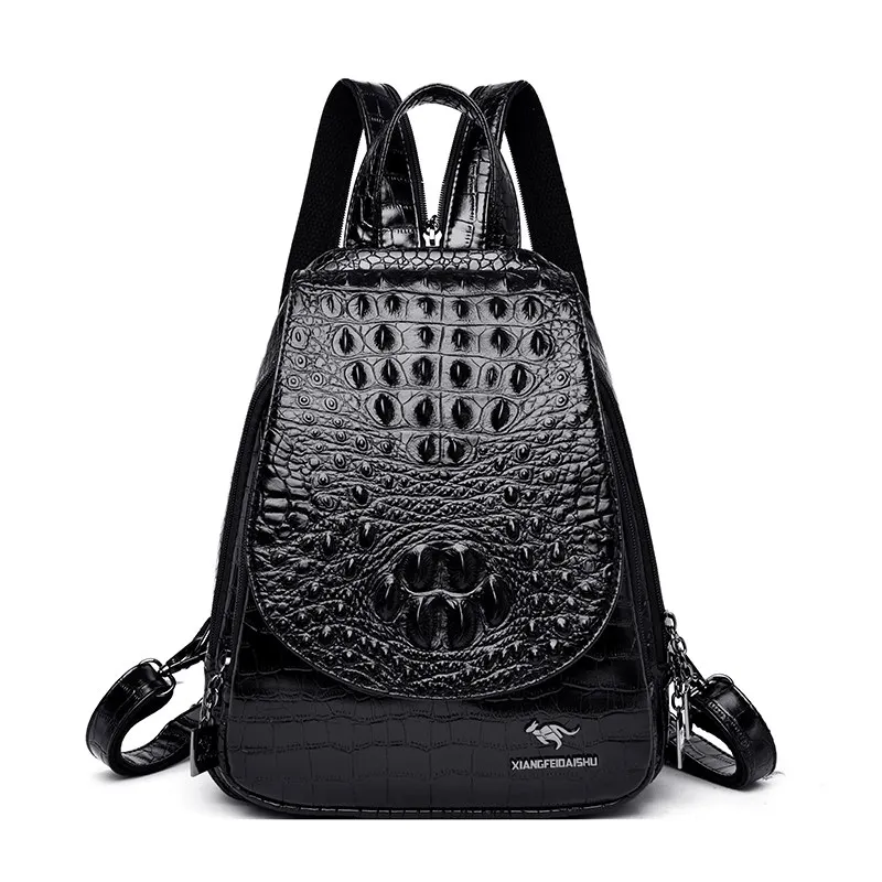 Женский кожаный рюкзак для девочек, женский рюкзак из крокодиловой кожи, рюкзак mochila feminina, рюкзак для путешествий, сумка на плечо - Цвет: Black
