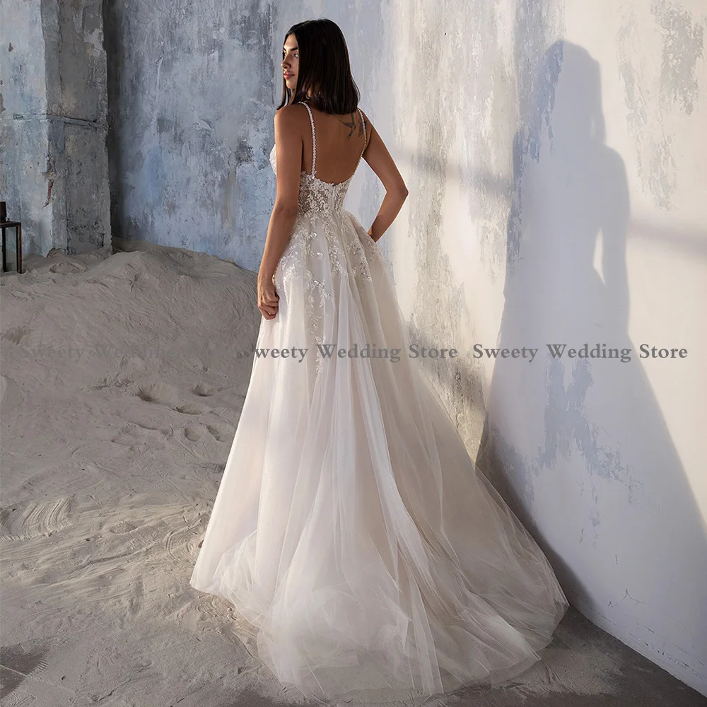 Sexy Sparkling Wedding Dress Customized Spaghetti Straps V Neck Sequined Lace High Slit Soft Tulle  Dresses Bridal Gown Backless 5