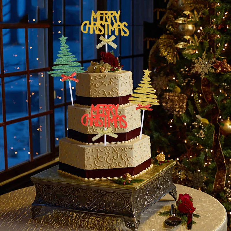 10pcs Merry Christmas Cake Topper Cute Elk Christmas Tree Snowman Paper Cupcake Toppers DIY Happy New Year Xmas Party Cake Decor