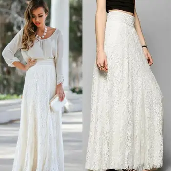 

Women Maxi Boho Solid Summer Beach Long Skirt Evening Cocktail Party Ball Fashion Sexy Lace Slim High Waist Lady Beachwear Skirt
