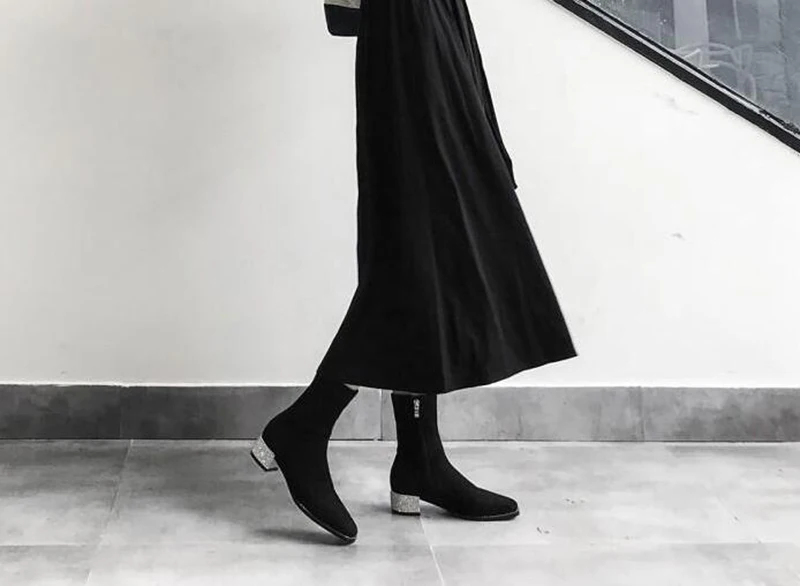 high quality pink elegant block black women ankle boots medium heel shoes diamond square toe winter fall short chunky rhinestone