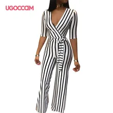 UGOCCAM, комбинезон с длинным рукавом, осень, v-образный вырез, высокая талия, для женщин, для офиса, для девушек, элегантная рабочая одежда, в полоску, с поясом, длинные штаны, комбинезоны