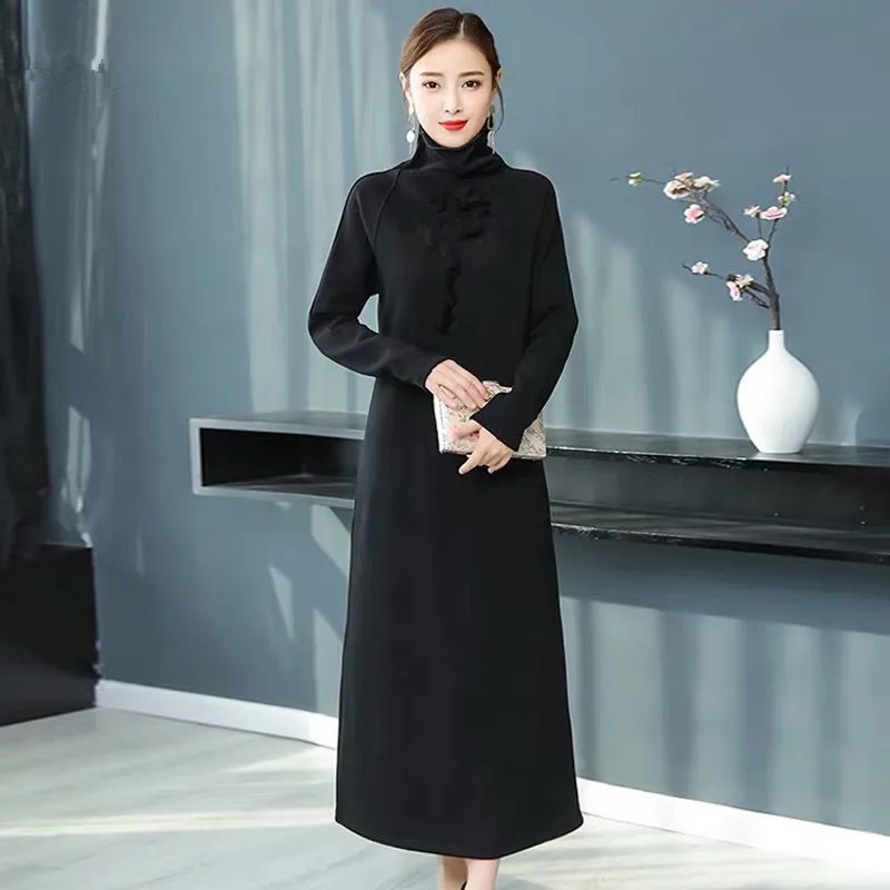 Plus Size 5XL 6XL 7XL Women Winter Fleece and Thickened turtleneck Dress Long Sleeve Maxi Velvet Dresses Elegant Party dress