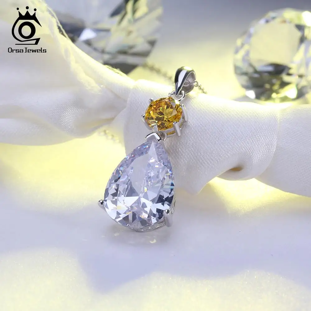 ORSA JEWELS Подвеска из стерлингового серебра пробы с цепочкой 925 женское ожерелье в форме капли воды желтый прозрачный Большой AAA CZ ювелирное изделие SN63