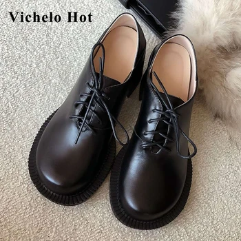 

Vichelo Hot preppy style genuine leather round toe high heels young lady streetwear British school fashion basic women pumps L89