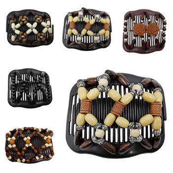 

6PCS European And American-Style Fashion Exquisite Hair Comb Magic Flexible Hairclip Wooden Bead Hair Comb Purple Golden Wooden