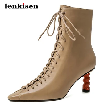 

Lenkisen high street fashion genuine leather cross-tied gorgeous pointed toe high strange heel zip office lady ankle boots L75