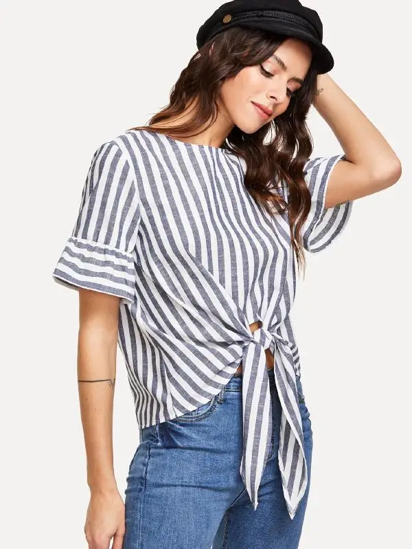 

18 Summer New Style Large Size Loose Cotton Linen Striped Shirt Hot Selling Crew Neck Short Sleeve Hem Knot Lace-up Shirt