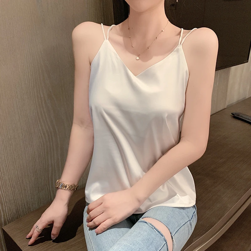 Korean Silk Women Tank Tops Woman Satin Silk Camis Woman Basic White Top Camisole Plus Size Women Sleeveless V Neck Halter Top
