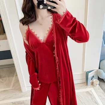 

Velour Female Soft 4PCS Sleepwear Lingerie Nightgown Long Sleeve Bathrobe Home Clothing Autumn Winter Novelty Kimono Robe