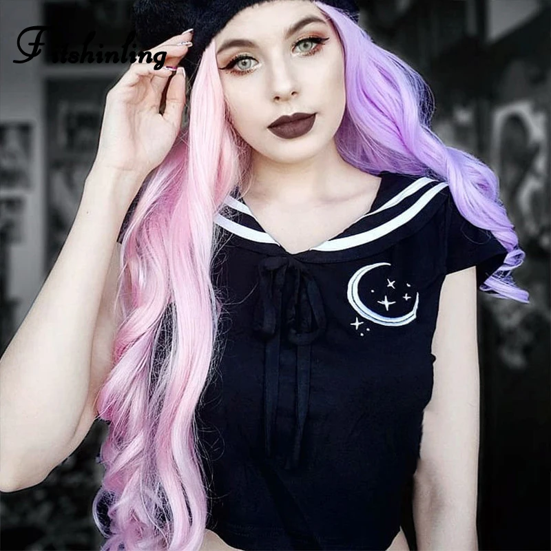 

Fitshinling Harajuku College Black T Shirt Women Gothic Embroidery Moon Star Crop Top Striped Grunge Slim Sexy Tee Shirt Femme