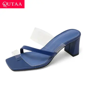 

QUTAA 2020 Transparent PU Leather Sandals Fashion Slingback Summer Women Pumps Square High Heel Slip on Ladies Shoes Size 34-39