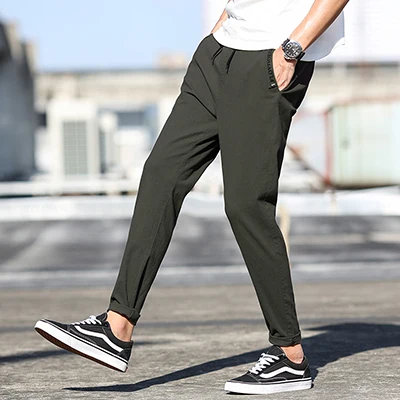 army green Однотонные повседневные брюки до щиколотки мужские спортивные тонкие брюки большого размера модные простые брюки эластичные брюки wais - Цвет: army green