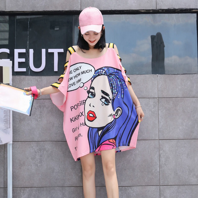 

2020 New Summer Women O-Neck Short Sleeves Loose T-shirts Female Fashion Casual Sequins Street Style Cartoon High Quality Tees