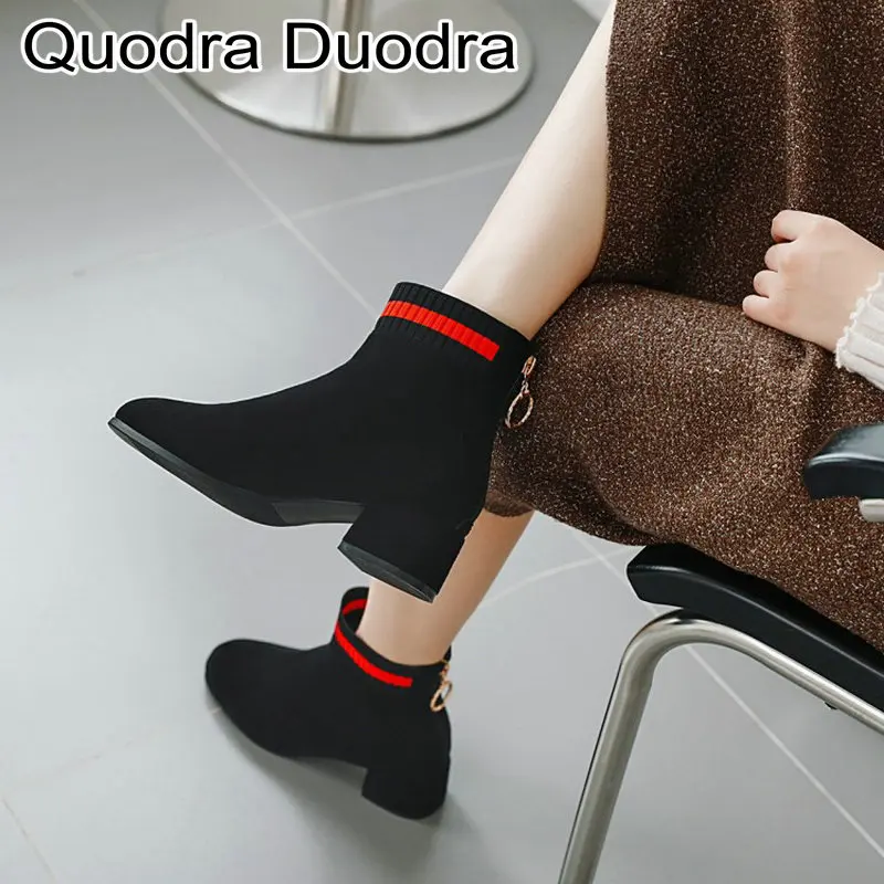 

2019 Winter/autumn Women Ankle Boots with a stripe black warm boots Square High Heels Square Toe shoes Zipper mental ring 45
