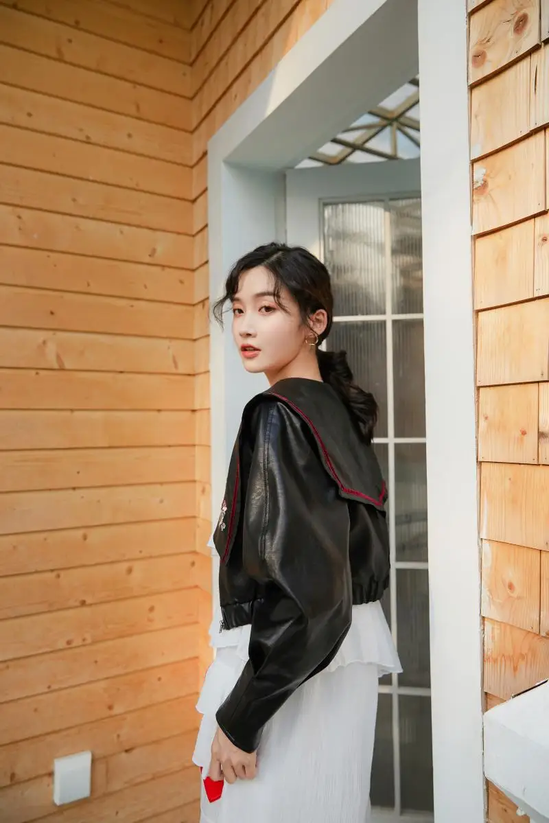 WHITNEY WANG, осень, модная уличная одежда, винтажный стиль, цветочный рисунок, с вышивкой с матросским воротником, искусственная кожа, пальто для женщин, куртка из искусственной кожи