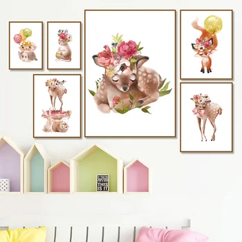 

Cartoon Flower Balloon Fox Owl Deer Rabbit Wall Art Canvas Painting Nordic Posters And Prints Animal Wall Pictures For Kids Room