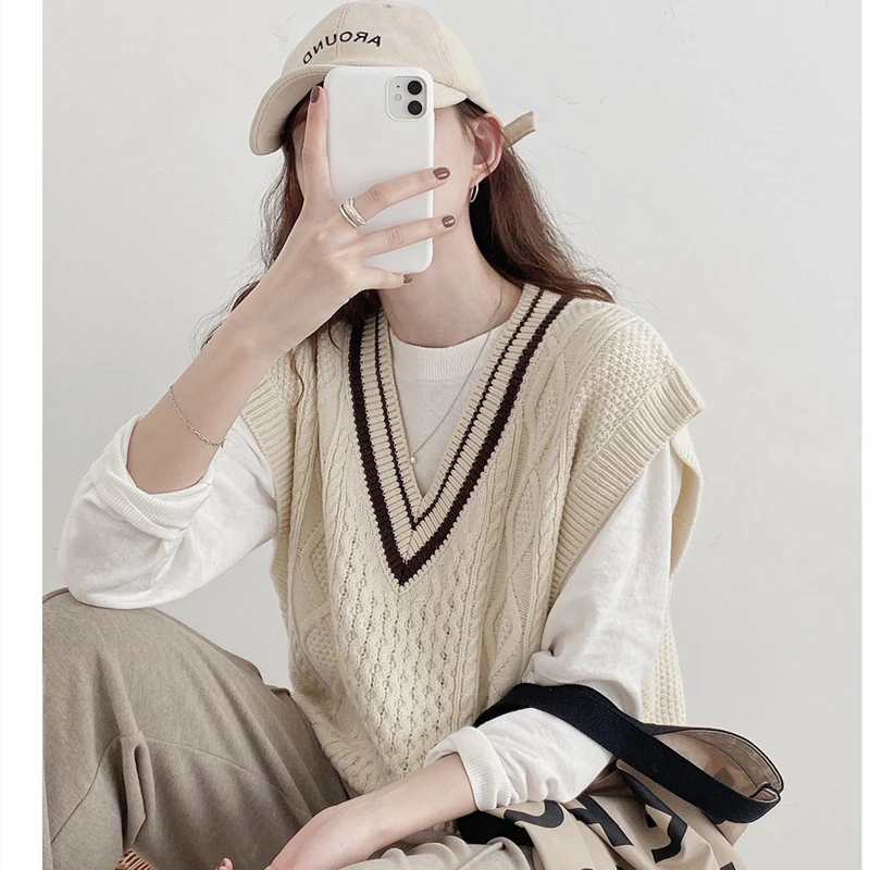 Autumn Winter V Neck Knitted Vest Sweater Women Korean